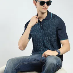 Monte Carlo Navy Blue Cotton Regular Fit Self Pattern Polo T-Shirt image 5