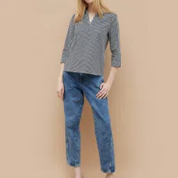 Fame Forever By Lifestyle White & Blue Cotton Regular Fit Striped Top image 5