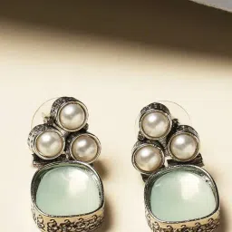 Oomph Oxidized Silver Small Ethnic Mint Green Opal Moonstone Drop Earrings-image-60