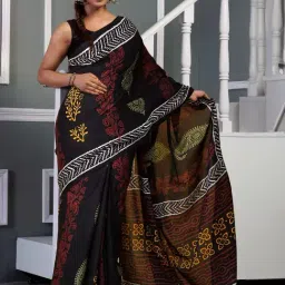 Unnati Silks Black Cotton Printed Saree With Unstitched Blouse-picture-12