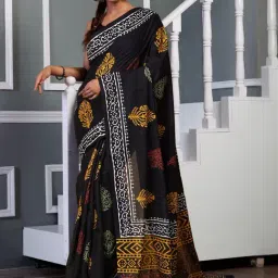 Unnati Silks Black Cotton Printed Saree With Unstitched Blouse-image-78