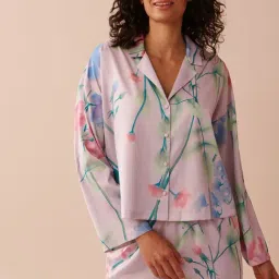 La Vie En Rose Purple Lavender Garden Print Satin Button-Down Shirt-picture-43