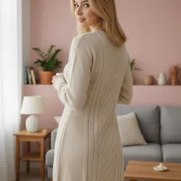 DressBerry Women Self Design Cable Knit Round Neck Long Sleeves Longline Jumper Sweater image 3