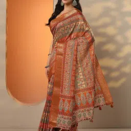 Libas Orange Printed Saree With Unstitched Blouse image 3