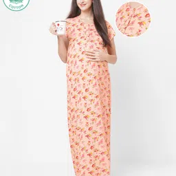 ECOMAMA Organic Cotton & Bamboo Antimicrobial Cap Sleeves Maternity Nighty Floral Print - Peach-picture-11