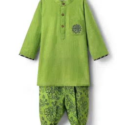 Babyoye Cotton Woven Full Sleeves Kurta Dhoti Set With Floral Print & Embroidery - Green-picture-24