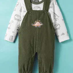 Little Kangaroos Cotton Woven Full Sleeves Dungarees With Dino Printed T-Shirt - Olive Green image 1