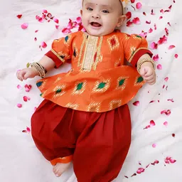 KID1 Cotton Woven Three Fourth Sleeves Ikat Printed & Gota Lace Embellished Kurti Salwar Set - Orange-picture-14