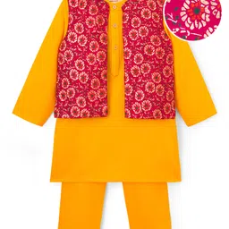 EARTHY TOUCH Woven Full Sleeves Kurta Pajama with Floral Printed Nehru Jacket - Yellow-picture-25