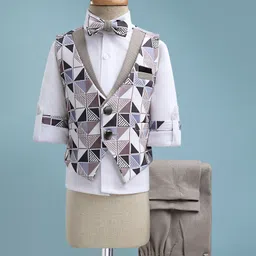 Rikidoos Full Sleeves Geometric Printed 3 Piece Party Suit With Bow Set - White & Grey-image-61