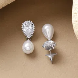 Rubans Voguish Rhodium-Plated Cubic Zirconia Studded & Pearls Teardrop Drop Earrings image 5