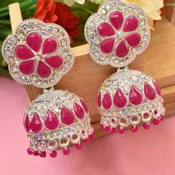 MEIRA JEWELLERY Silver-Plated Artificial Stones Studded & Beaded Dome Shaped Jhumkas-picture-19