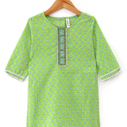 Babyhug 100% Cotton Woven Three Fourth Sleeves Kurti Palazzo & Dupatta Floral Print - Green image 2