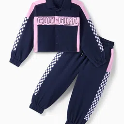 Ollington St. Cotton Knit Full Sleeves Text Printed Jacket & Joggers Winter Wear Set - Navy & Pink image 2