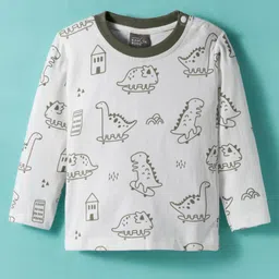 Little Kangaroos Cotton Woven Full Sleeves Dungarees With Dino Printed T-Shirt - Olive Green image 2