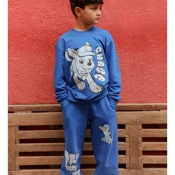 Nap Chief Pure Cotton Knit Paw Patrol Featuring Full Sleeves Characters Printed Winter Sweatshirt & Joggers Set - Blue image 3
