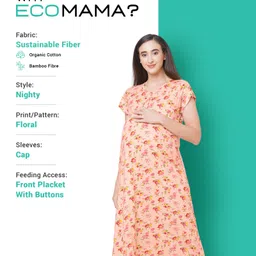 ECOMAMA Organic Cotton & Bamboo Antimicrobial Cap Sleeves Maternity Nighty Floral Print - Peach image 4
