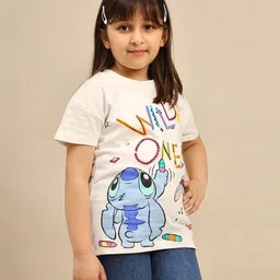 Kidsville Lilo & Stitch Featuring Half Sleeves Character Printed Tee - Off White image 4