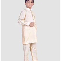 Pehanaava Jute Woven Full Sleeves Solid Pathani Style Kurta Pyjama Set - Beige image 4