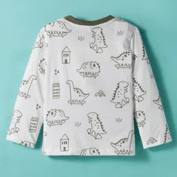 Little Kangaroos Cotton Woven Full Sleeves Dungarees With Dino Printed T-Shirt - Olive Green image 3
