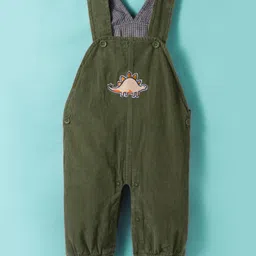 Little Kangaroos Cotton Woven Full Sleeves Dungarees With Dino Printed T-Shirt - Olive Green image 4