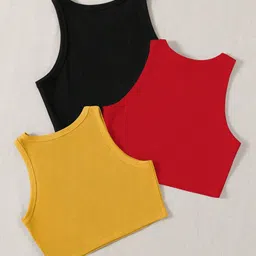 TOOCHKI Pack Of 3 Ribbed Round Neck Sleeveless Crop Tank Tops image 3