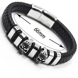 MEENAZ Men Leather Oxidised Silver-Plated Multistrand Bracelet image 3