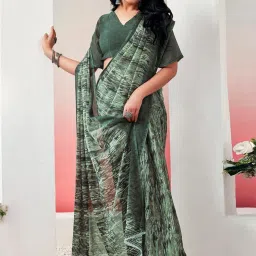 Satrani Green Printed Saree With Unstitched Blouse image 5