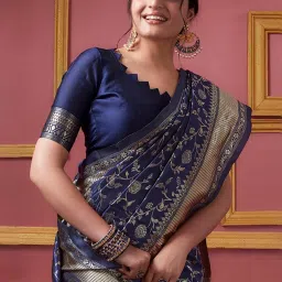 Satrani Navy Woven Saree With Unstitched Blouse image 5