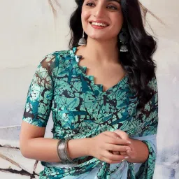 Satrani Sky Blue & Green Printed Saree With Unstitched Blouse image 5