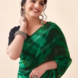 Satrani Green Striped Saree With Unstitched Blouse image 5