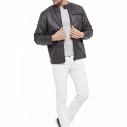 Duke Charcoal Slim Fit Biker Jacket image 5