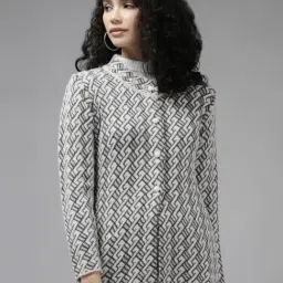 Cayman Off-White & Grey Crochet Pattern Cardigan-image-32