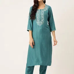 Rue Collection Floral Embroidered Regular Mirror Work Kurta with Trousers-image-17