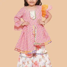 AJ Dezines Kids Pink & White Cotton Floral Print Full Sleeves Kurta Set-image-51