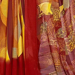 Satrani Red & Yellow Printed Saree With Unstitched Blouse image 5