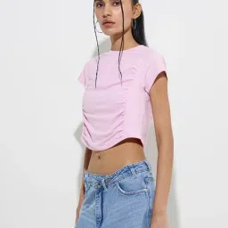 nuon women Nuon by Westside Pink Ruched Detailed Cotton Crop Top-picture-16