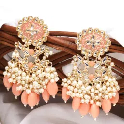 Karatcart Gold-Plated Kundan Studded Peach Meena Tumble Drop Earrings for Women-picture-42
