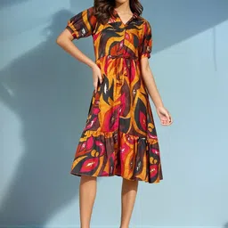 FIXOCRA Women Abstract Printed Shirt Collar Puff Sleeve Belted Tiered Shirt Dress-picture-11