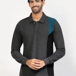 Kalt Dark Grey & Black Regular Fit Polo T-Shirt-image-5