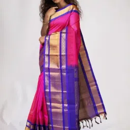 Unnati Silks Pink & Blue Silk Woven Saree With Unstitched Blouse-image-24