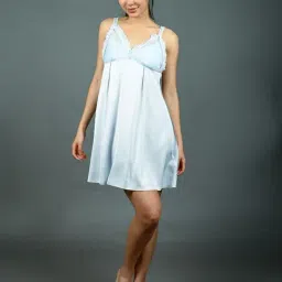 Odette Sky Blue Satin Solid Night Wear image 3