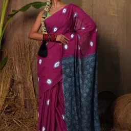 Unnati Silks Purple & Blue Cotton Bandhani Print Saree With Unstitched Blouse-picture-31
