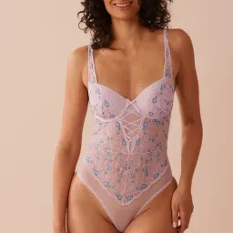 La Vie En Rose Purple Floral Lace-Up Detail Push-Up Cheeky Teddy-image-47