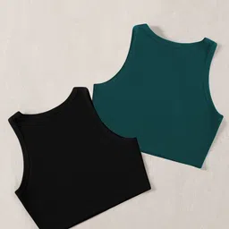 TOOCHKI Pack Of 2 Ribbed Round Neck Sleeveless Crop Tank Tops image 3