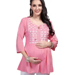 Mom for sure by Ketki Dalal Three Fourth Sleeves Floral Yoke Embroidered Kurti - Pink-picture-38