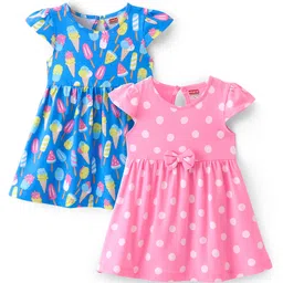 Babyhug Single Jersey Knit Cap Sleeves Frocks with Polka Dots & Ice Cream Print Bow Applique - Pink & Blue-picture-23