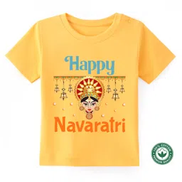 BLUSHES Navaratri Theme 100% Cotton Half Sleeves Happy Navaratri Text Printed Tee - Yellow-picture-20