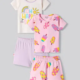 Bonfino Cotton Knit Half Sleeves Shorts Night Suits with Popsicle & Text Print Pack of 2 - Pink & Off White-picture-15