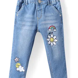 Babyhug Full Length Washed Denim Jeans with Stretch & Sun Embroidery - Light Blue-picture-38